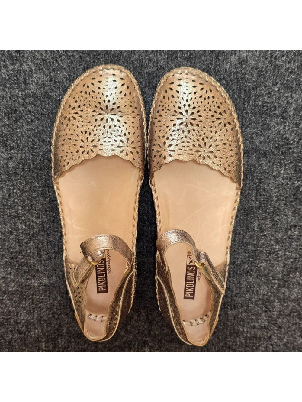 Pikolinos Puerto Vallarta Metallic Bronze Leather Laser Cut Mary Jane Flats 39